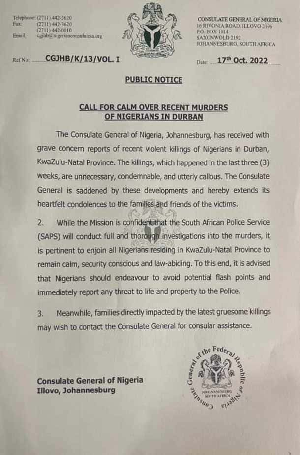 The Nigerian Consulate in Durban, South Africa, warns of "violent murders" of Nigerians
