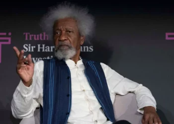 Wole Soyinka speaks during a public event in Lagos after confirming the US consulate revoked his visa.