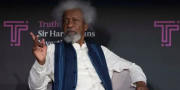 Wole Soyinka speaks during a public event in Lagos after confirming the US consulate revoked his visa.