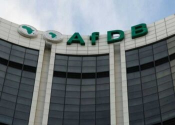 The African Development Bank headquarters building with the AfDB logo displayed on its facade in Abidjan, Cote d'Ivoire