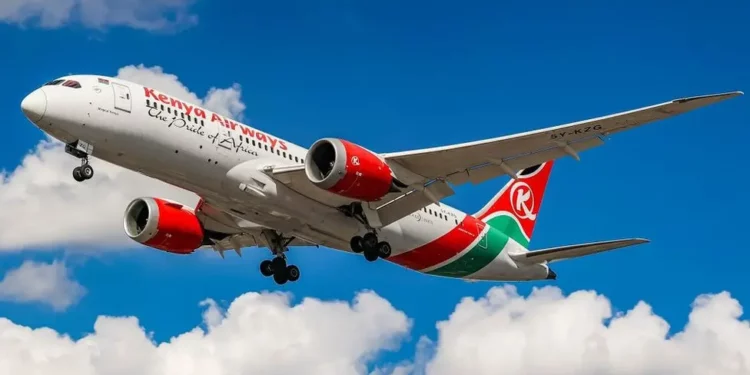 A Kenya Airways aircraft taking off against a blue sky, symbolising air travel connectivity in Africa
