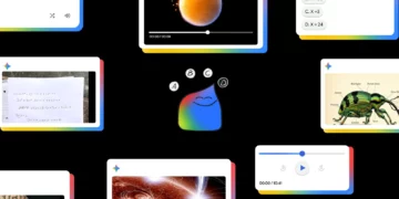 A collage of AI learning visuals showing maths equations, science images, and creative tools surrounding Google’s Gemini AI assistant
