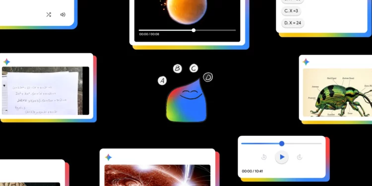 A collage of AI learning visuals showing maths equations, science images, and creative tools surrounding Google’s Gemini AI assistant