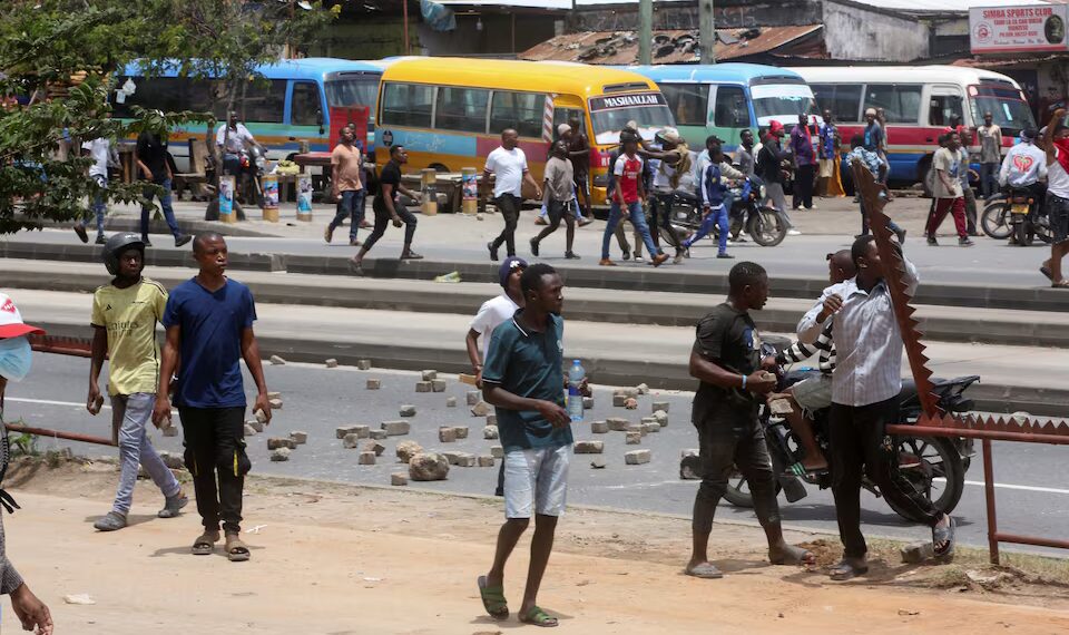 Security forces patrol a deserted street in Dar es Salaam amid Tanzania’s election protests, October 2025.