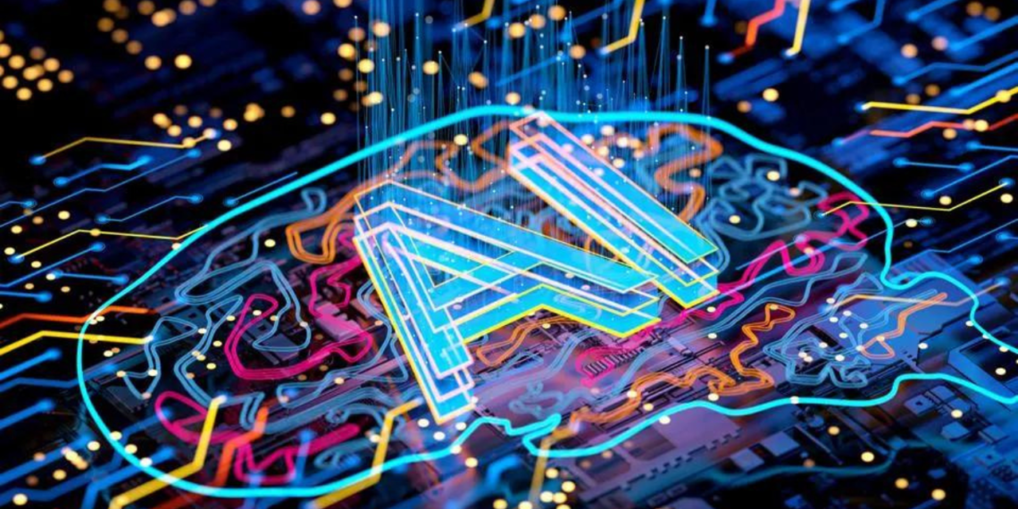 A colourful abstract illustration of a digital brain shape on a circuit board with the letters ‘AI’ glowing at the centre, symbolising artificial intelligence and innovation