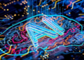 A colourful abstract illustration of a digital brain shape on a circuit board with the letters ‘AI’ glowing at the centre, symbolising artificial intelligence and innovation