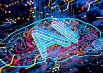 A colourful abstract illustration of a digital brain shape on a circuit board with the letters ‘AI’ glowing at the centre, symbolising artificial intelligence and innovation