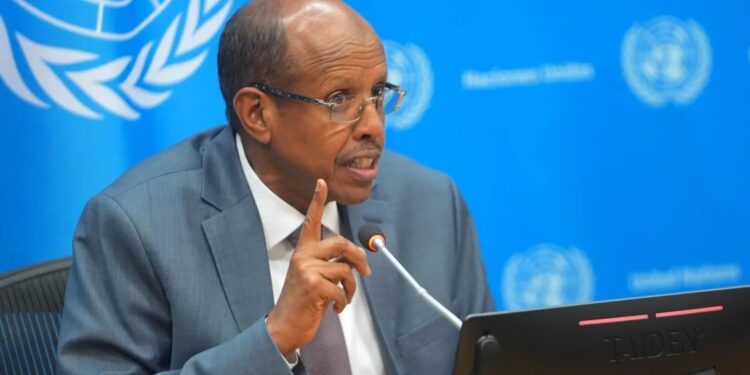 AU Commission Chairperson Mahmoud Ali Youssouf speaking at a press conference, gesturing with one finger raised, with a UN backdrop behind him