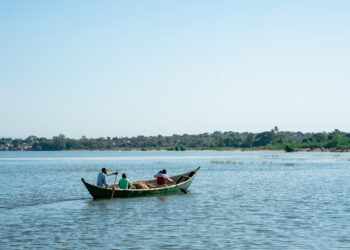 Three men paddle a wooden fishing boat on a calm lake in Africa, symbolising small-scale aquaculture and the continent’s growing blue economy.