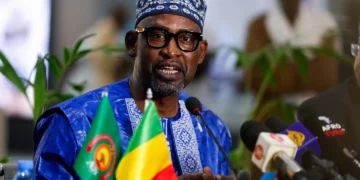 Mali’s Foreign Minister Abdoulaye Diop speaking at a press conference in Bamako.