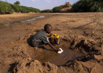 A young child kneels in a dry riverbed, scooping murky water from a small hand-dug pool into a container, surrounded by parched earth and sparse vegetation.