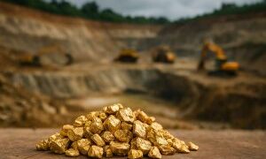 A pile of raw gold nuggets with a large open-pit mine and excavators in the background.