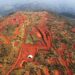 Excavators working on a red-earth hillside at the Simandou iron-ore project in Guinea