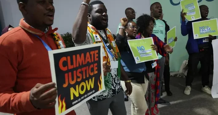 African delegates at COP30 in Belem, Brazil, urging world leaders to deliver fair climate finance, technology access, and justice for vulnerable nations