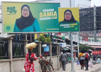 Campaign billboards of Tanzania’s President Samia Suluhu Hassan displayed in Dar es Salaam ahead of the 2025 general election, which was marred by protests and violence.