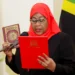 Tanzanian President Samia Suluhu Hassan taking the oath of office during her swearing-in ceremony in Dodoma.