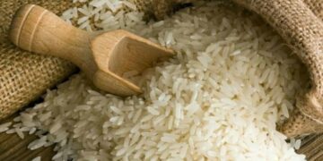 A close-up view of white rice grains spilling from a burlap sack with a wooden scoop, illustrating rice stocks and supply in Senegal.