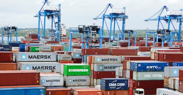 Shipping containers stacked at Mombasa port, reflecting Kenya’s export activity as the government appeals a ruling suspending its EU trade deal