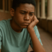 AI-generated image of a teenage boy in a green shirt sitting alone and looking sad, representing the British teenager ordered by a UK court to remain in Ghana to complete his GCSEs.