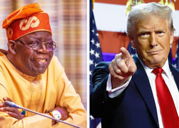Nigerian President Bola Ahmed Tinubu smiling during a meeting, alongside US President Donald Trump pointing forward at an event.