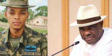 Nigerian Naval officer A.M. Yerima in uniform alongside FCT Minister Nyesom Wike in a split-image collage during the national controversy over military–civilian authority.