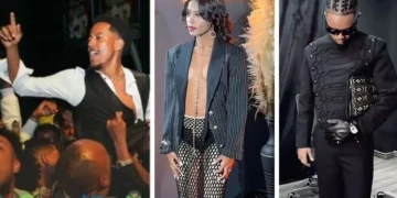 A collage showing three Ethiopian influencers wearing outfits that drew public debate: a man in an open-necked shirt at a crowded event, a woman in a blazer with mesh trousers on a red carpet, and a man in a black tailored outfit holding a patterned bag