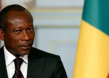President Patrice Talon of Benin pictured in a suit beside the national flag during an official appearance.