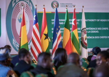 ECOWAS member state flags displayed at a regional summit of West African leaders in Abuja, Nigeria, amid discussions on coups and democratic stability