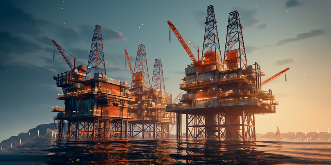 Offshore oil platforms operating in shallow waters, symbolising Guyana’s growing oil and gas sector and new upstream exploration activity