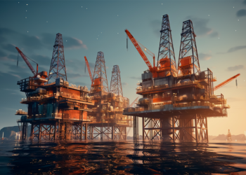 Offshore oil platforms operating in shallow waters, symbolising Guyana’s growing oil and gas sector and new upstream exploration activity