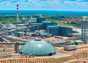 Aerial view of Ivanhoe Mines’ new Kamoa-Kakula copper smelter in the DRC, showing processing lines, furnace buildings and storage dome