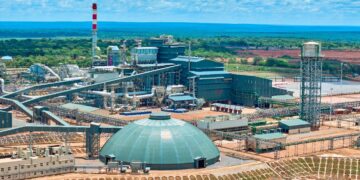 Aerial view of Ivanhoe Mines’ new Kamoa-Kakula copper smelter in the DRC, showing processing lines, furnace buildings and storage dome