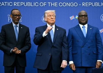 Donald Trump stands with Rwanda’s President Paul Kagame and Congo’s President Felix Tshisekedi during a US-brokered peace deal signing in Washington
