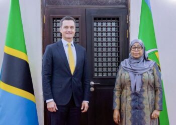 A senior Tanzanian official stands beside a visiting US diplomat, with Tanzania flags behind them during a formal meeting.