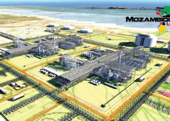 Aerial rendering of the Mozambique LNG project showing gas-processing facilities, storage tanks and coastal infrastructure along the Cabo Delgado shoreline