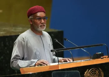 Nigeria’s foreign affairs minister addresses an international forum from a podium, speaking into microphones during a formal diplomatic session.