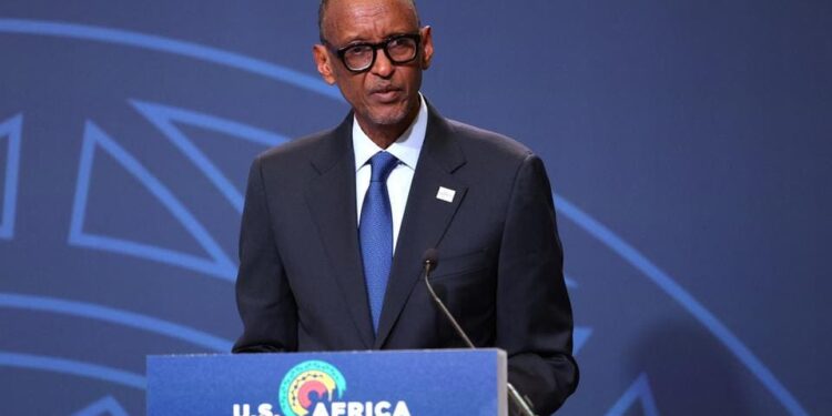 Rwandan President Paul Kagame speaking at a podium during the U.S.–Africa Leaders Summit.