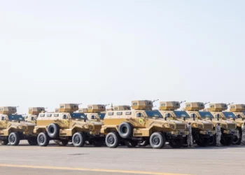 Armoured military vehicles lined up in Bamako during the launch of the Alliance of Sahel States joint security force