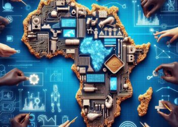 Illustration of Africa made from digital circuits, surrounded by diverse hands designing technology, symbolising inclusive AI innovation in Africa