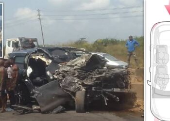 Composite image showing the wreckage of vehicles after a fatal road crash in Ogun State, Nigeria, alongside an explanatory diagram illustrating seating positions inside an SUV.