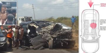 Composite image showing the wreckage of vehicles after a fatal road crash in Ogun State, Nigeria, alongside an explanatory diagram illustrating seating positions inside an SUV.