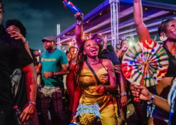A crowd of young festivalgoers dance and celebrate at a vibrant outdoor Detty December event at night in West Africa