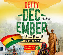 Promotional poster for ‘Detty December in Ghana’ featuring bold green lettering, Ghana flag colours, cultural symbols and Accra city imagery celebrating December festivities