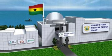 Ghana’s proposed first nuclear power plant shown in an architectural rendering with the national flag, illustrating plans for nuclear energy development