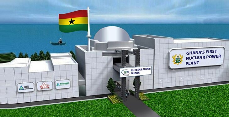 Ghana’s proposed first nuclear power plant shown in an architectural rendering with the national flag, illustrating plans for nuclear energy development
