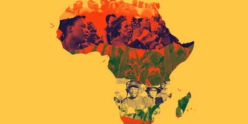 Stylised map of Africa filled with layered images of African people in protest and collective gatherings, symbolising Pan-African unity, resistance, and the struggle against neocolonialism.