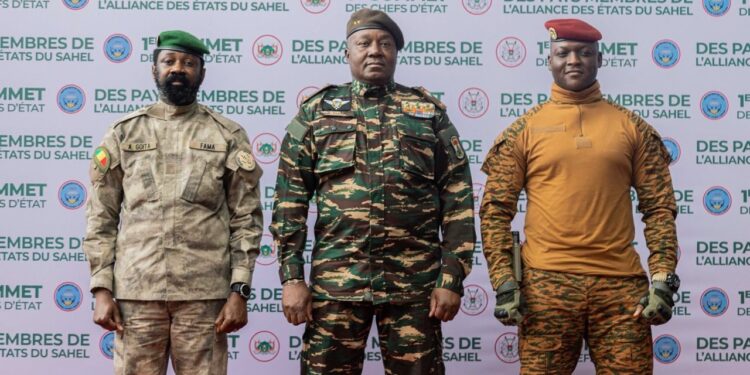 Military leaders from Mali, Burkina Faso and Niger pose at the first summit of the Alliance of Sahel States