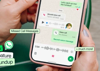 WhatsApp chat screen showing missed call messages feature, with a user recording a voice note after an unanswered call
