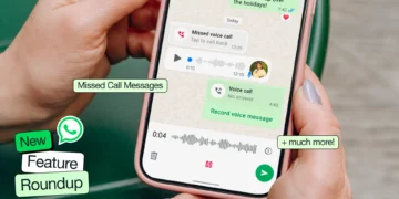 WhatsApp chat screen showing missed call messages feature, with a user recording a voice note after an unanswered call
