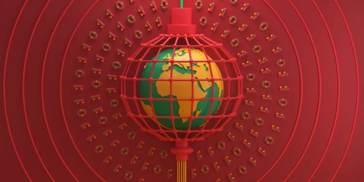 Illustration of Africa encased in a digital network grid, symbolising China’s expanding role in Africa’s digital infrastructure and data connectivity.